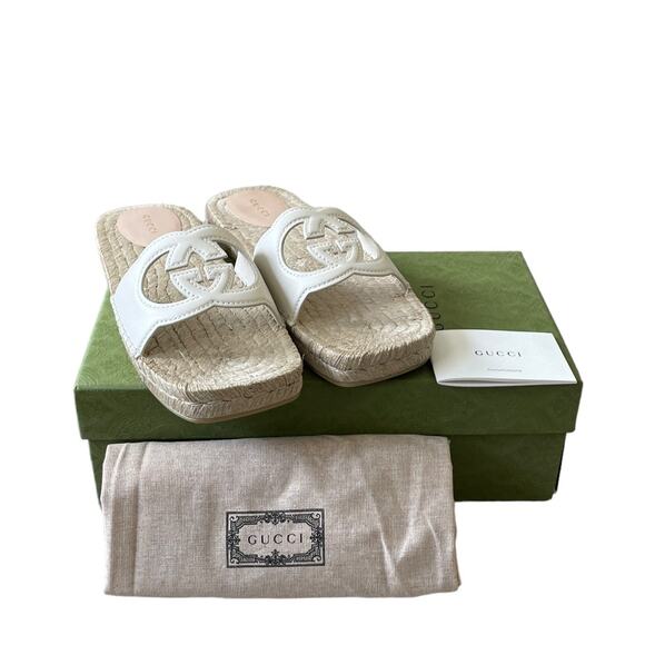 GUCCI Interlocking G Leather Cut Out Espadrille Sandals White Size 39.5 NEW - Picture 15 of 15